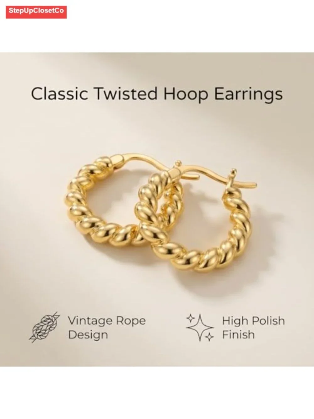 14k Gold Cable-Knit Huggie Hoop Earrings, Twisted Rope Textured, Click-Top